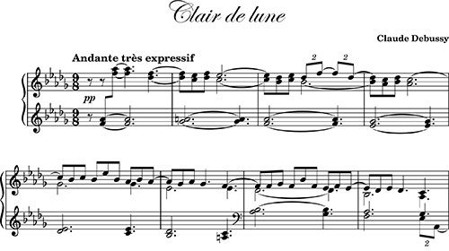Partition de "Clair de lune" de Claude Debussy, pour piano